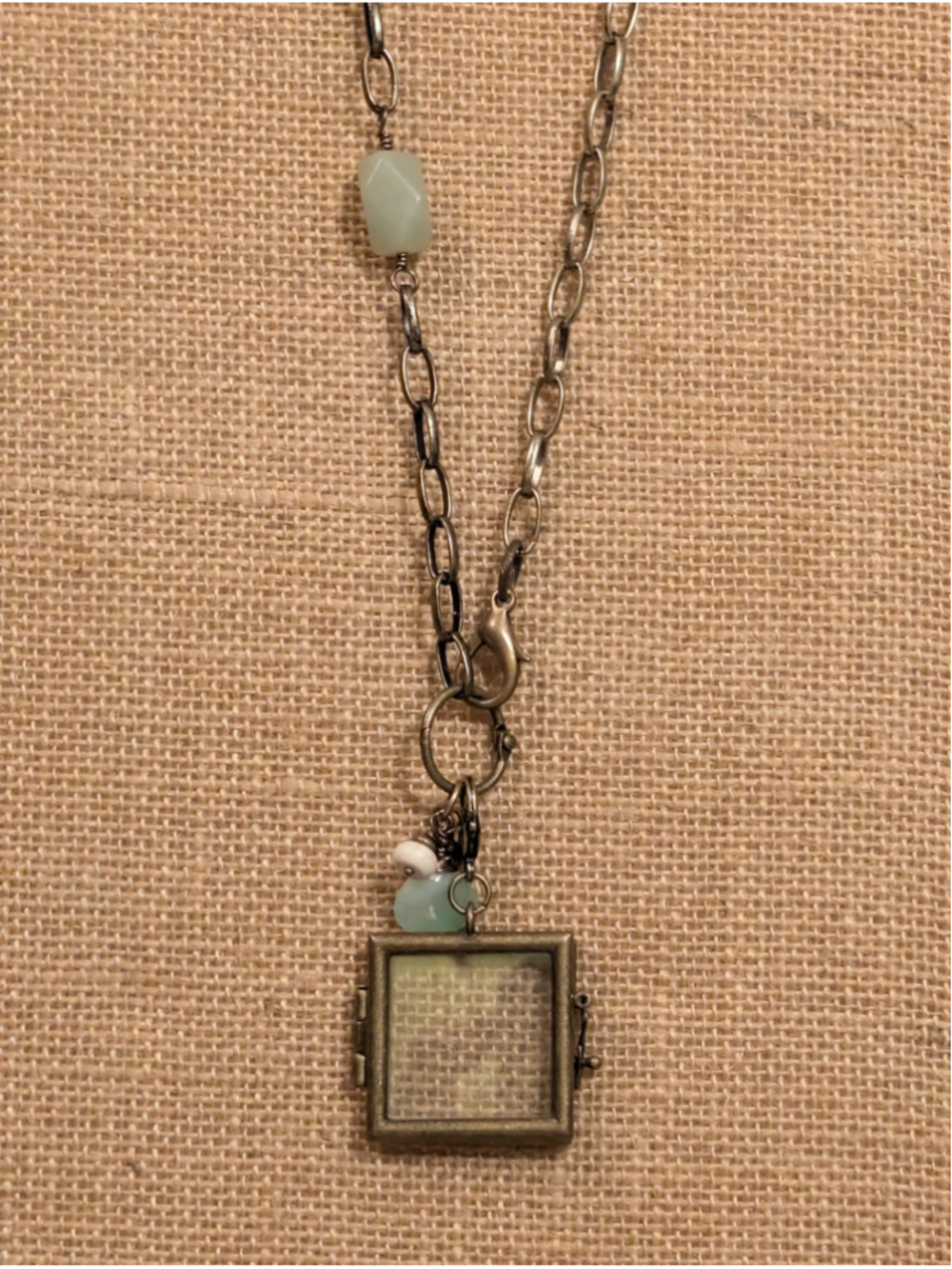 Handcrafted Boho Antiqued Brass Chunky Chain Glass Locket Aventurine Necklace